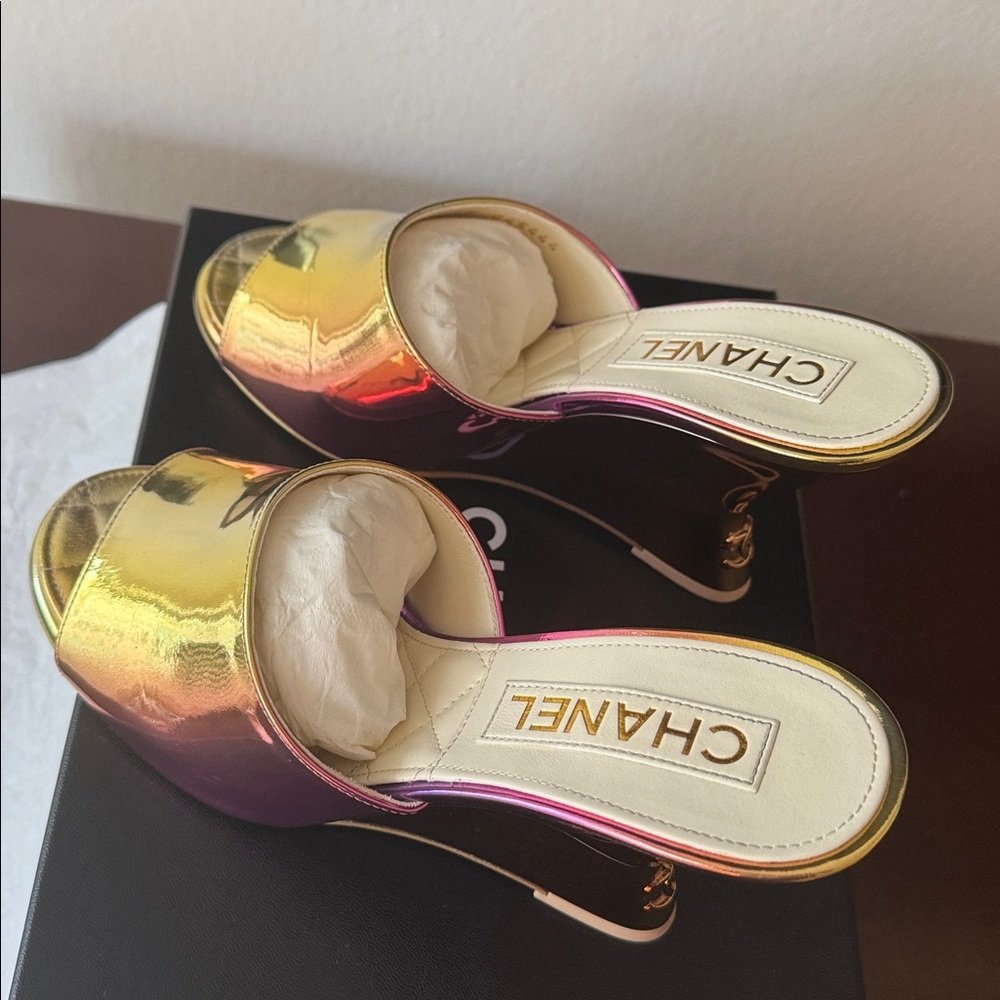 CHANEL Laminated Calfskin Wedge Mules 37.5 Pink Orange Yellow Multicolor CC logo - Picture 6 of 13